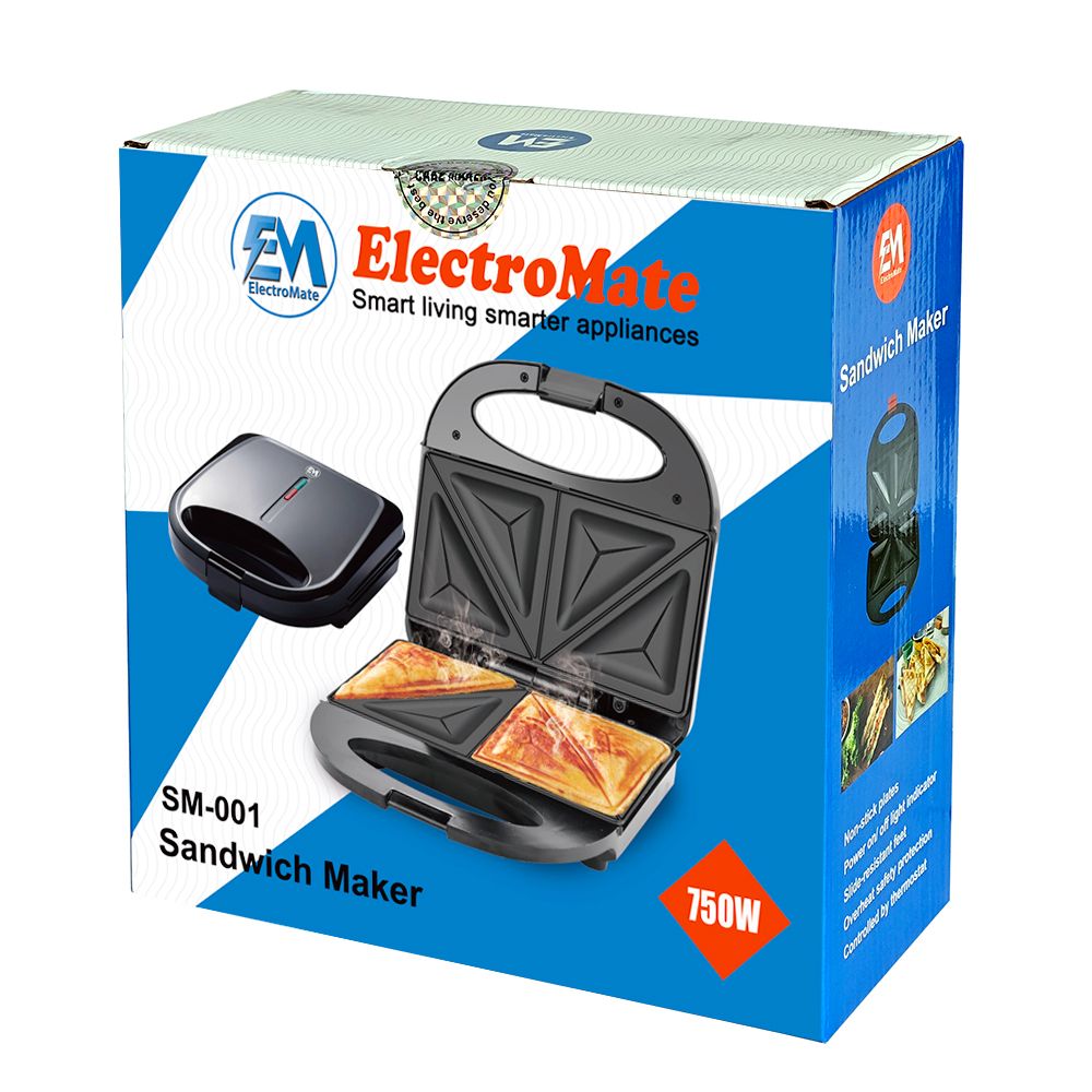 EM Sandwich Maker 2-Slice Non-Stick 750W Toaster for Bread – Perfect for Quick and Easy Snacks  ElectroMate