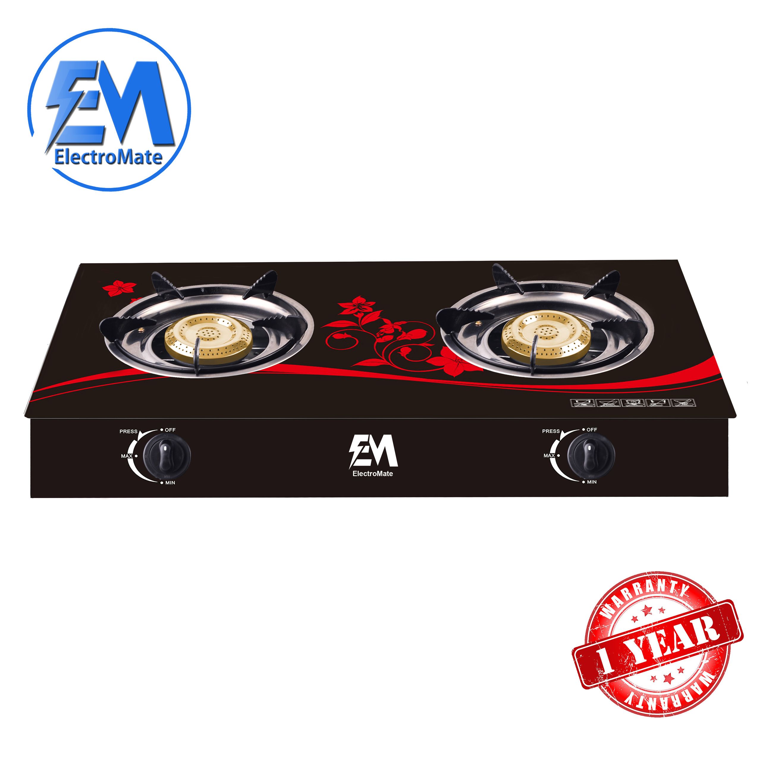 EM Gas Cooker Glass Top Infrared Double Burner Gas stove Super Infrared Heater Saving Gas cooker Black  ElectroMate