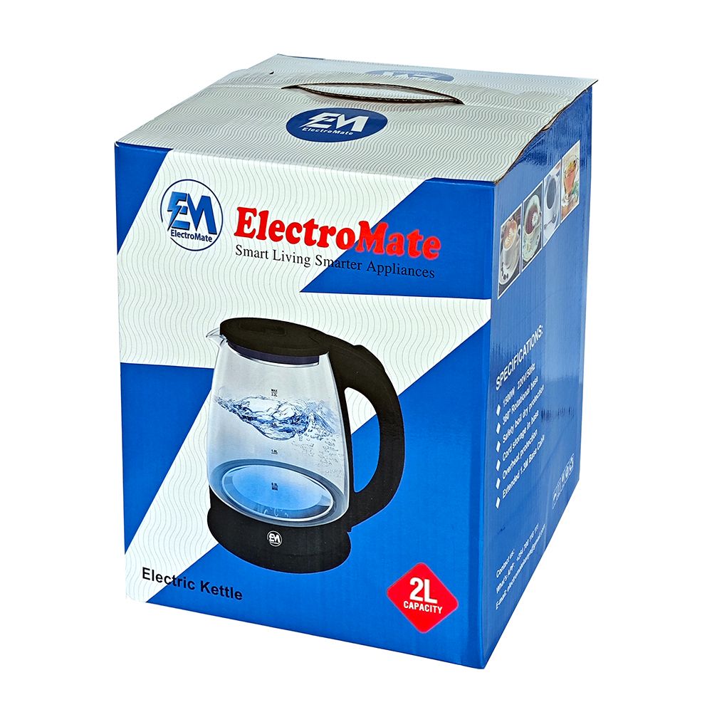EM 2L Glass Kettle ElectroMate  Kettle Electric Jug Heater for Boiling Water – Ideal Kitchen Appliance  ElectroMate