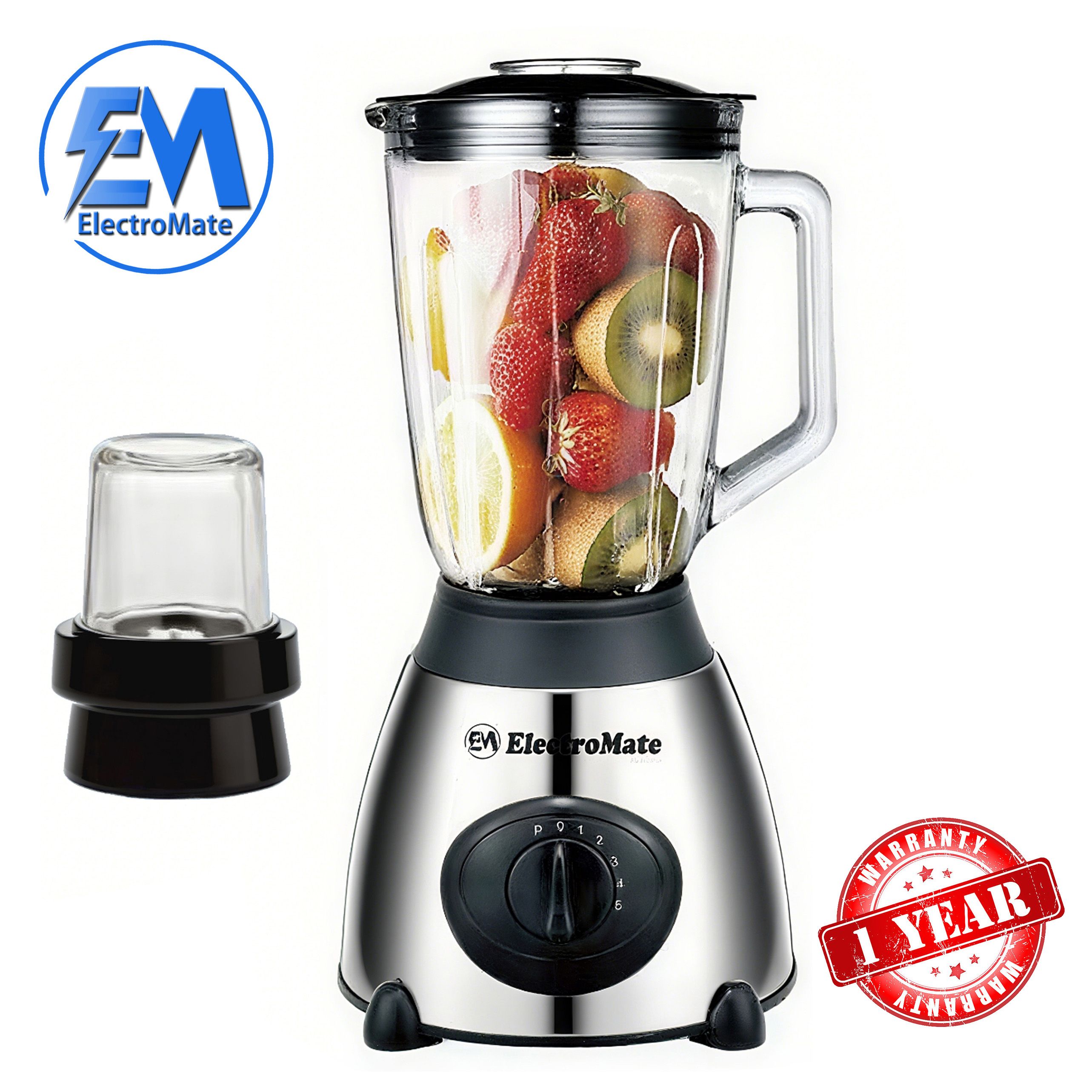 EM 1.5L Multifunctional 2 In 1 Blender VB-Y66 Powerful 4 Speed Motor Countertop Blender with Grinding Machine and Coffee Mill Fruit Juicer with 5 Cupjar and Super Sharp Stainless Steel Blades BD06
