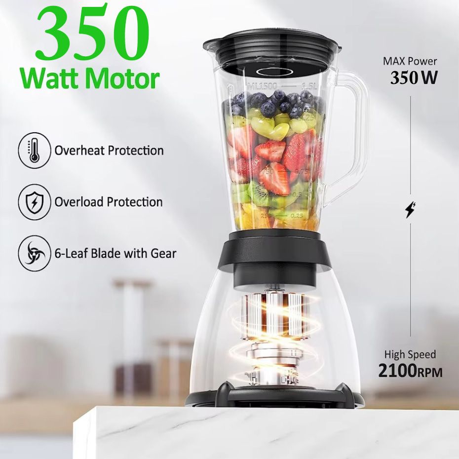 EM 1.5L Multifunctional 2 In 1 Blender VB-Y66 Powerful 4 Speed Motor Countertop Blender with Grinding Machine and Coffee Mill Fruit Juicer with 5 Cupjar and Super Sharp Stainless Steel Blades BD06