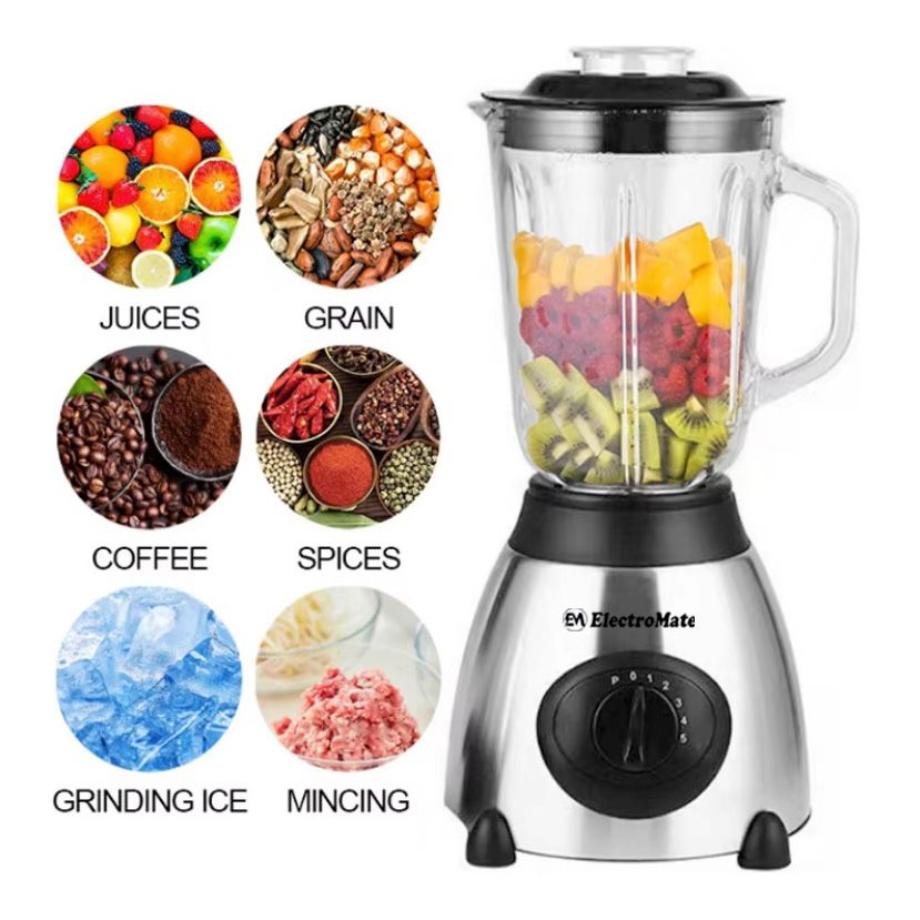 EM 1.5L Multifunctional 2 In 1 Blender VB-Y66 Powerful 4 Speed Motor Countertop Blender with Grinding Machine and Coffee Mill Fruit Juicer with 5 Cupjar and Super Sharp Stainless Steel Blades BD06
