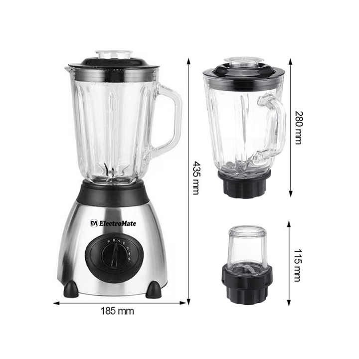 EM 1.5L Multifunctional 2 In 1 Blender VB-Y66 Powerful 4 Speed Motor Countertop Blender with Grinding Machine and Coffee Mill Fruit Juicer with 5 Cupjar and Super Sharp Stainless Steel Blades BD06