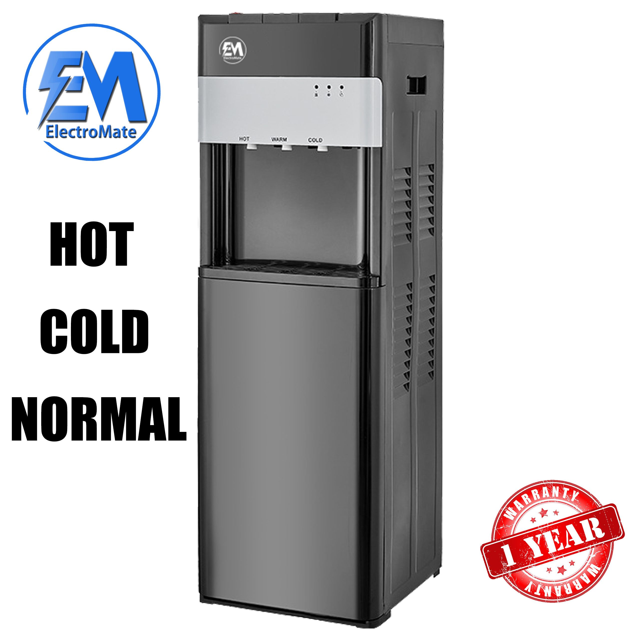 EM Bottom load Water Dispenser with Hot and Cold and Normal Water – Standing Design with Storage Cabinet, Perfect for Home or Office Use Black water dispenser  ElectroMate