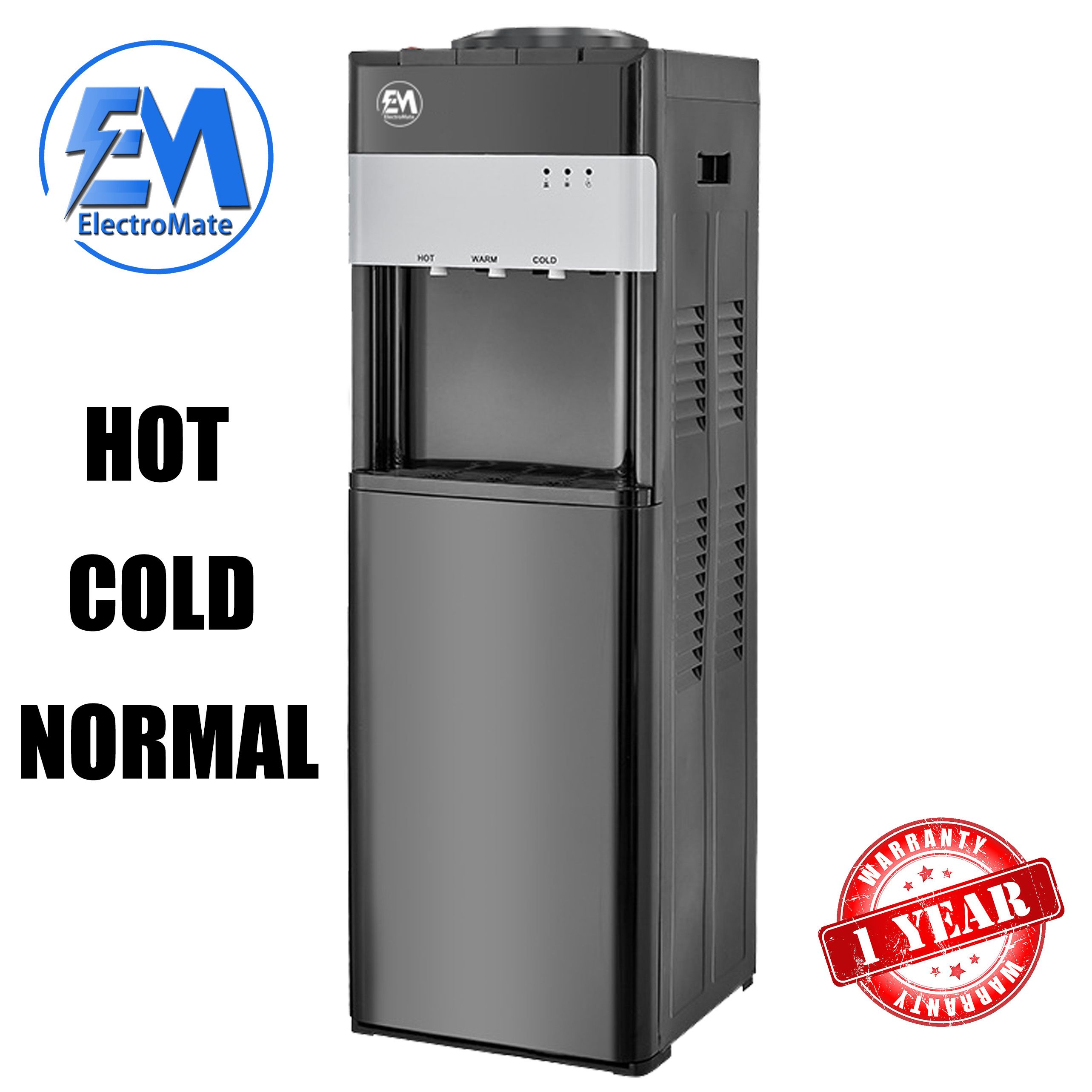 EM Top load Water Dispenser with Hot and Cold and Normal Water – Standing Design with Storage Cabinet, Perfect for Home or Office Use Black water dispenser  ElectroMate