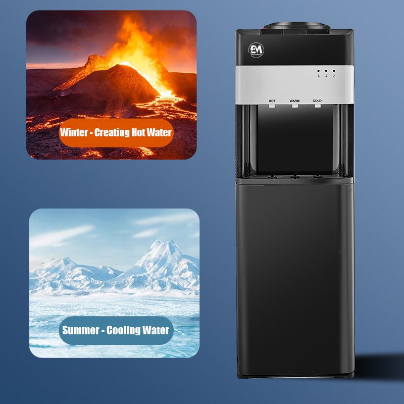 EM Top load Water Dispenser with Hot and Cold and Normal Water – Standing Design with Storage Cabinet, Perfect for Home or Office Use Black water dispenser  ElectroMate
