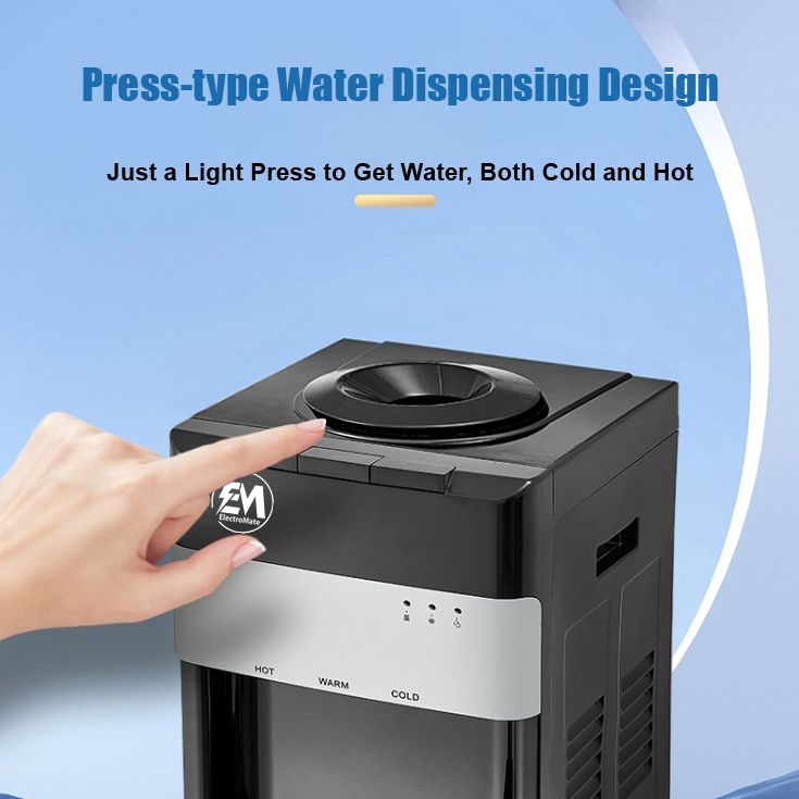 EM Top load Water Dispenser with Hot and Cold and Normal Water – Standing Design with Storage Cabinet, Perfect for Home or Office Use Black water dispenser  ElectroMate