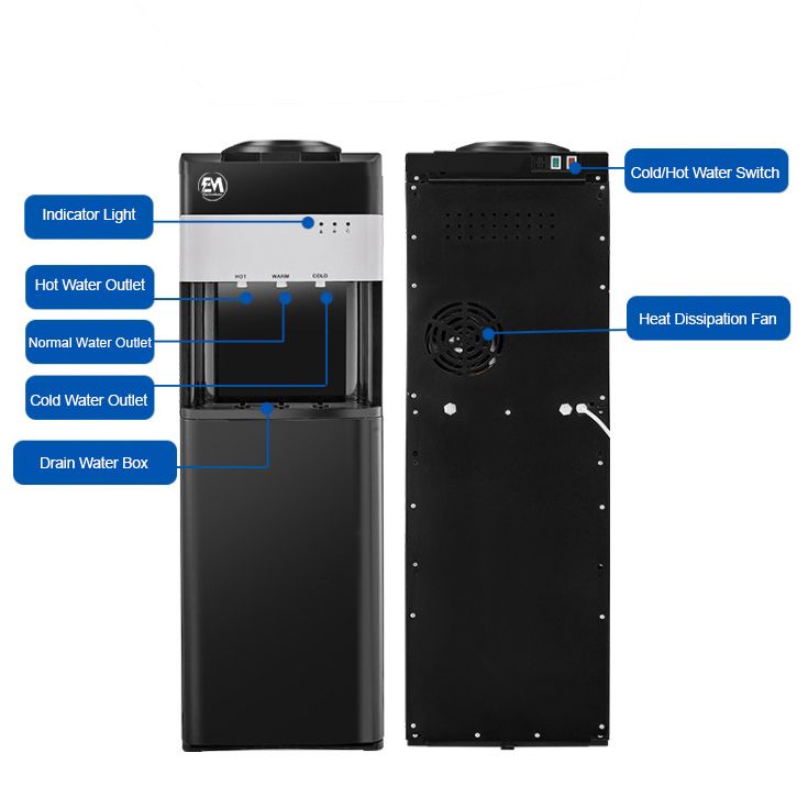 EM Top load Water Dispenser with Hot and Cold and Normal Water – Standing Design with Storage Cabinet, Perfect for Home or Office Use Black water dispenser  ElectroMate