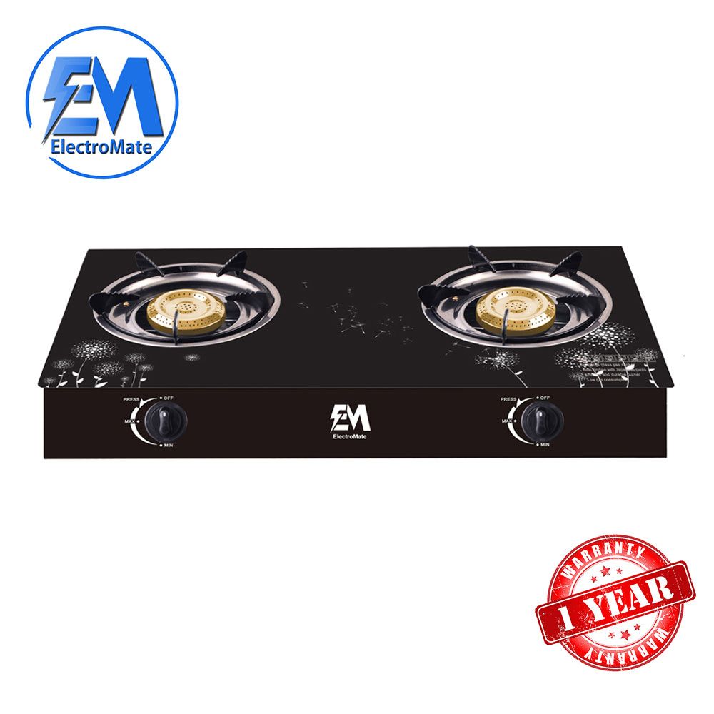Double Burner Glass Top Gas Cooker –  Tabletop LPG Stove with Tempered Glass, Auto Ignition, Flame Control – Electromate Compact Kitchen Cooking Appliance