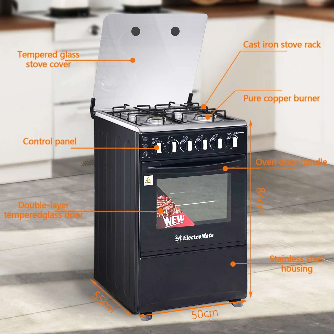 EM 3 Gas + 1 Electric 4 Burners Free Standing Gas Cooker Cooking Range with 50L Oven Automatic lgnition 50X55CM