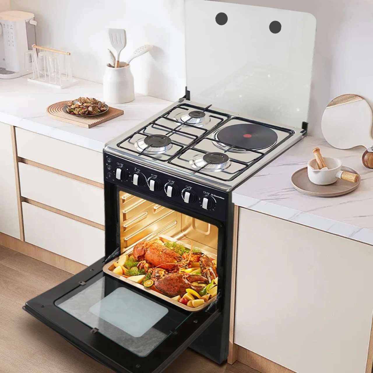 EM 3 Gas + 1 Electric 4 Burners Free Standing Gas Cooker Cooking Range with 50L Oven Automatic lgnition 50X55CM