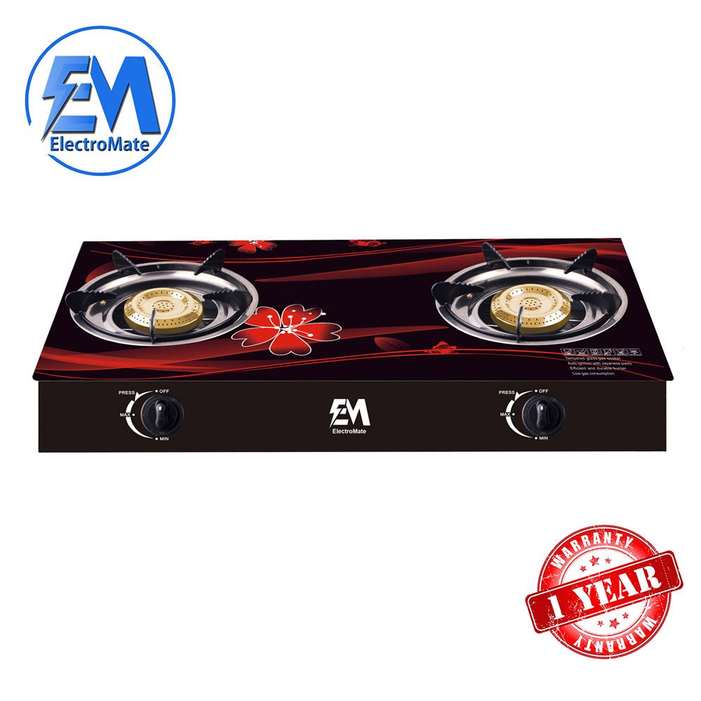 Double Burner Glass Top Gas Cooker –  Tabletop LPG Stove with Tempered Glass, Auto Ignition, Flame Control – Electromate Compact Kitchen Cooking Appliance