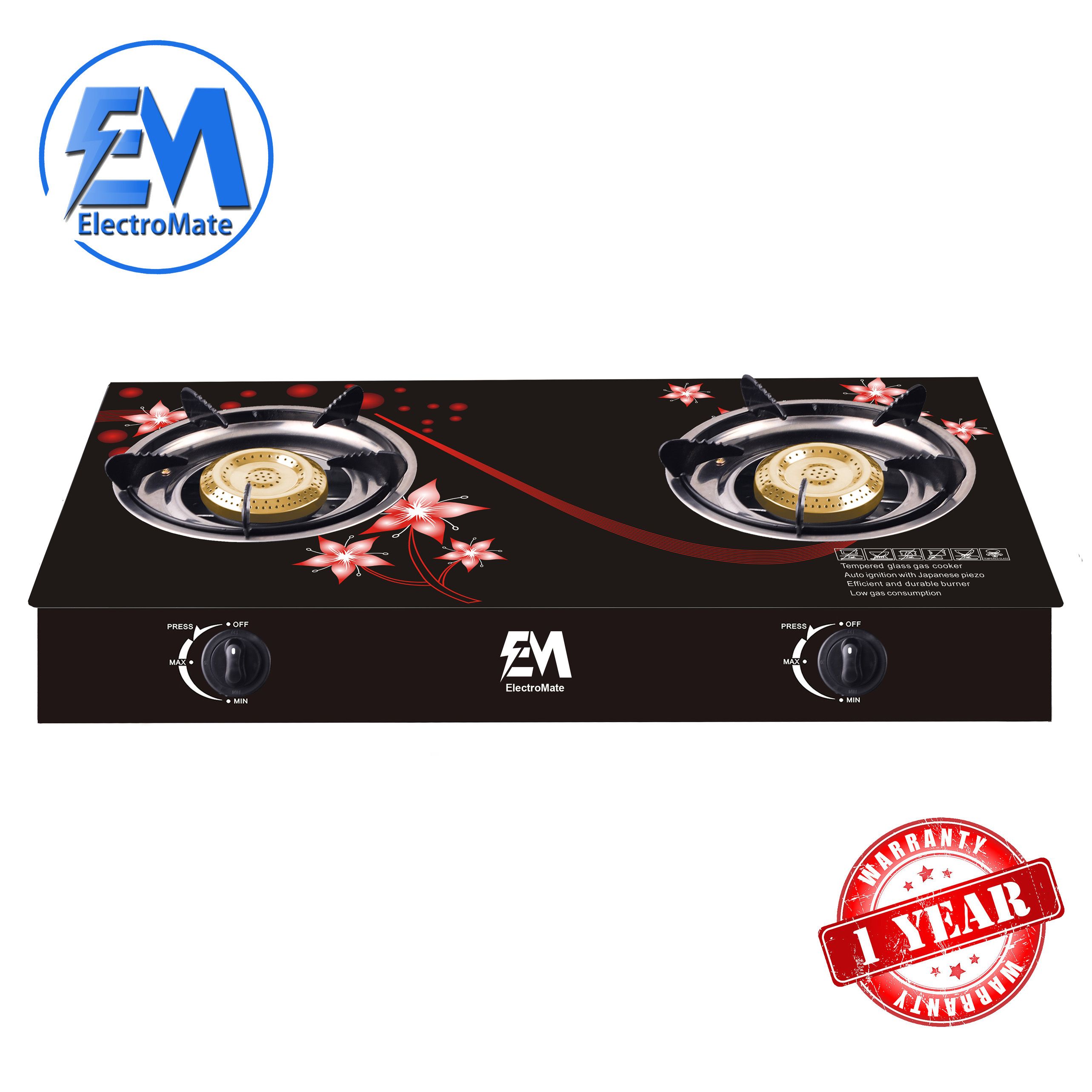 Double Burner Glass Top Gas Cooker –  Tabletop LPG Stove with Tempered Glass, Auto Ignition, Flame Control – Electromate Compact Kitchen Cooking Appliance