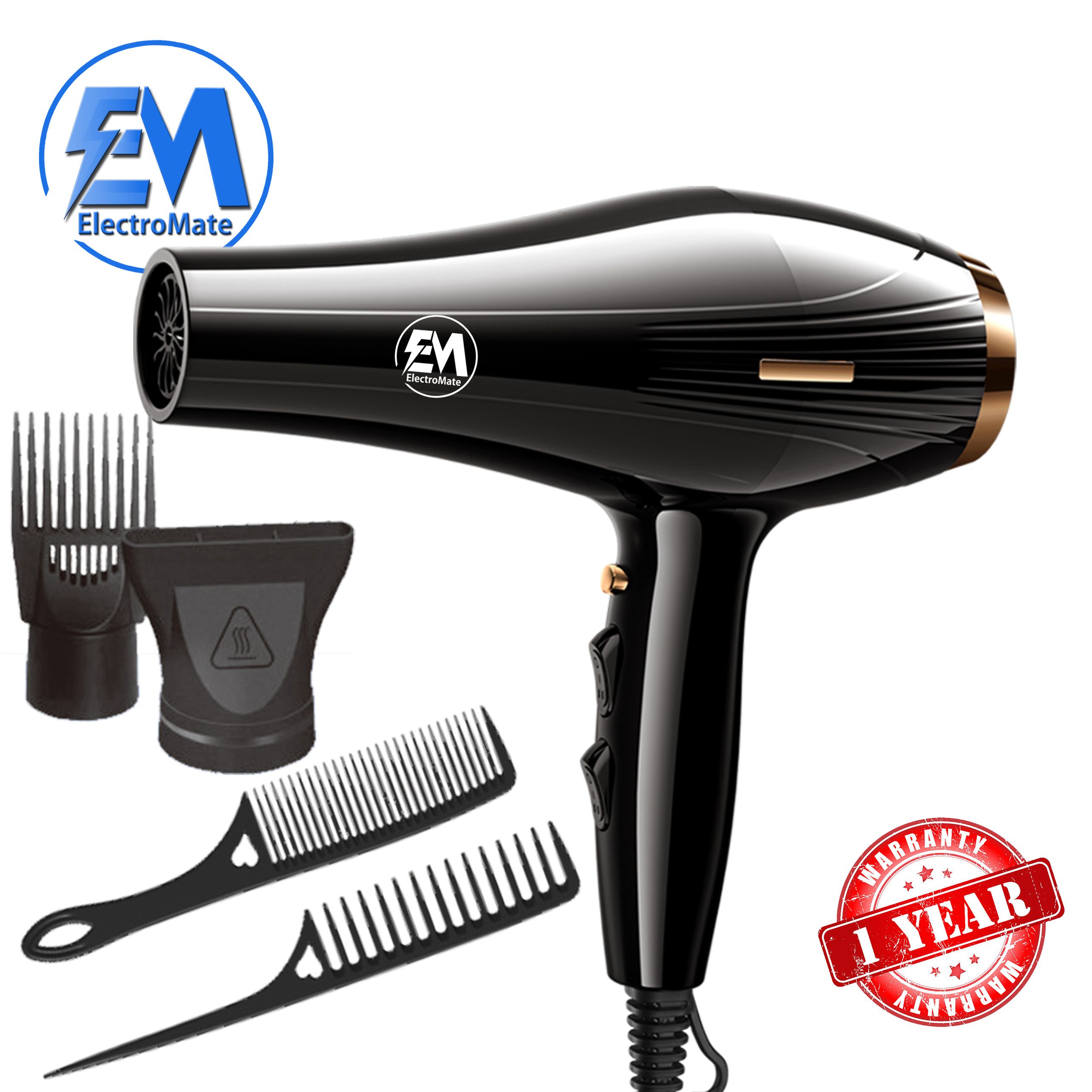 EM commercial hair dryer, 3800 watts, 3 wind speed settings and 2 temperature settings, natural wind button, 3-meter extra-long cord—includes 2 styling nozzles and 2 comb accessories.