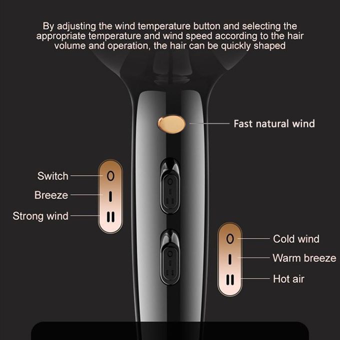 EM commercial hair dryer, 3800 watts, 3 wind speed settings and 2 temperature settings, natural wind button, 3-meter extra-long cord—includes 2 styling nozzles and 2 comb accessories.