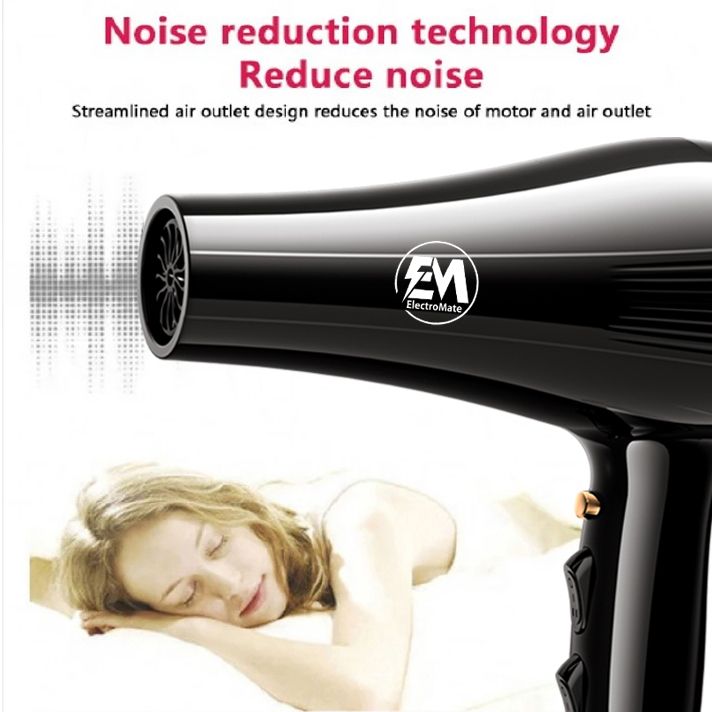 EM commercial hair dryer, 3800 watts, 3 wind speed settings and 2 temperature settings, natural wind button, 3-meter extra-long cord—includes 2 styling nozzles and 2 comb accessories.