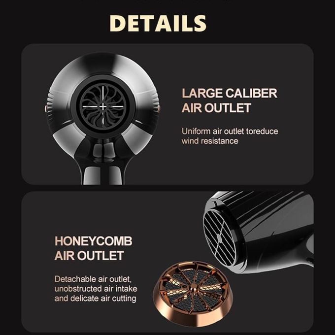 EM commercial hair dryer, 3800 watts, 3 wind speed settings and 2 temperature settings, natural wind button, 3-meter extra-long cord—includes 2 styling nozzles and 2 comb accessories.