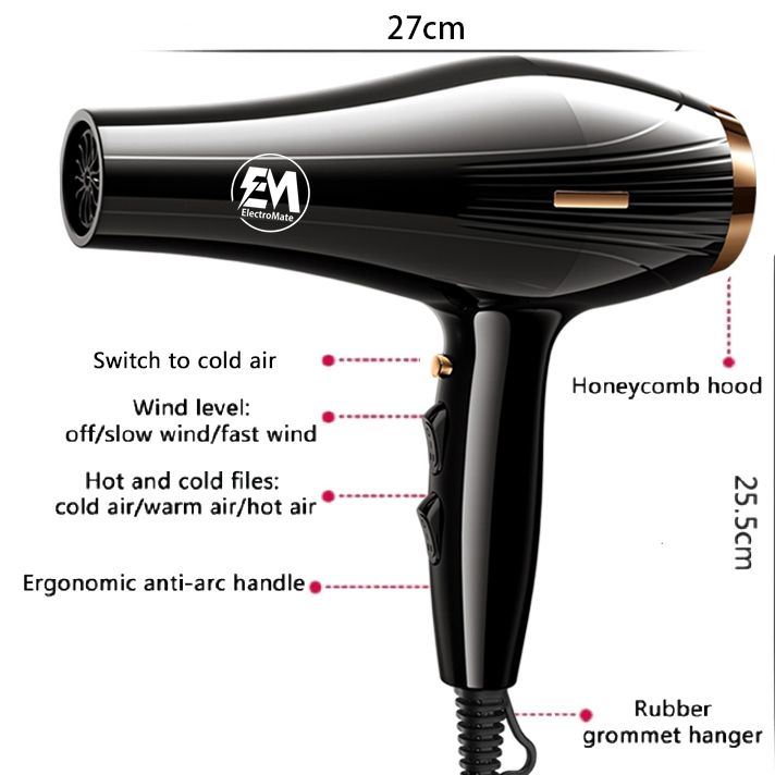 EM commercial hair dryer, 3800 watts, 3 wind speed settings and 2 temperature settings, natural wind button, 3-meter extra-long cord—includes 2 styling nozzles and 2 comb accessories.