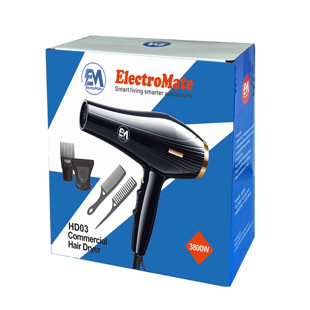 EM commercial hair dryer, 3800 watts, 3 wind speed settings and 2 temperature settings, natural wind button, 3-meter extra-long cord—includes 2 styling nozzles and 2 comb accessories.