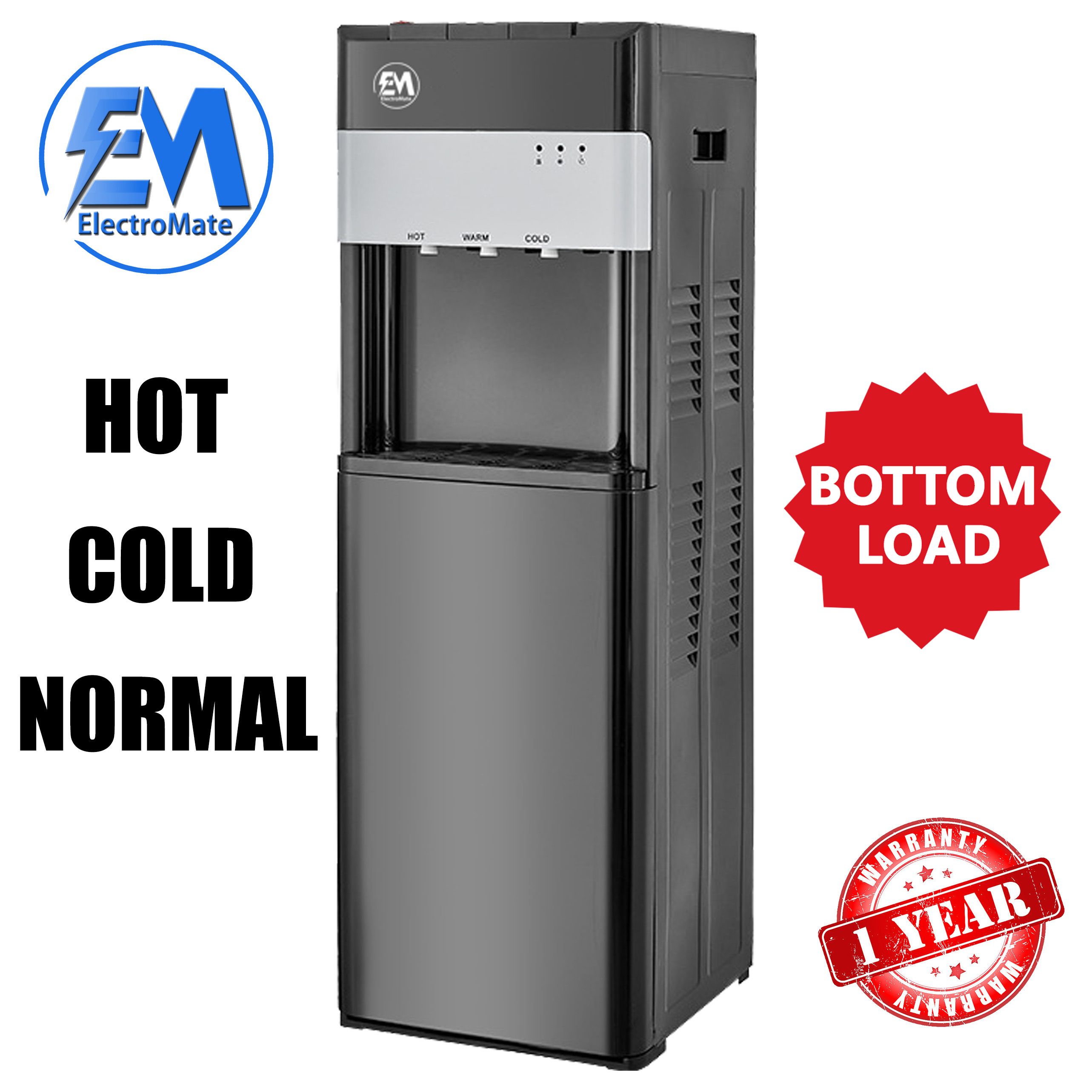 EM Bottom load Water Dispenser with Hot and Cold and Normal Water – Standing Design with Storage Cabinet, Perfect for Home or Office Use Black water dispenser  ElectroMate WD07