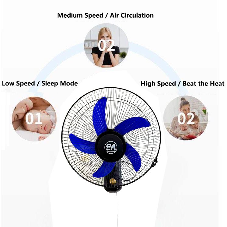 EM 16 Inch Wall Fan -5 Blades 3 Speed Powerful motor Fan Electric Cooling Fan Cooler Wall Mounted Fan