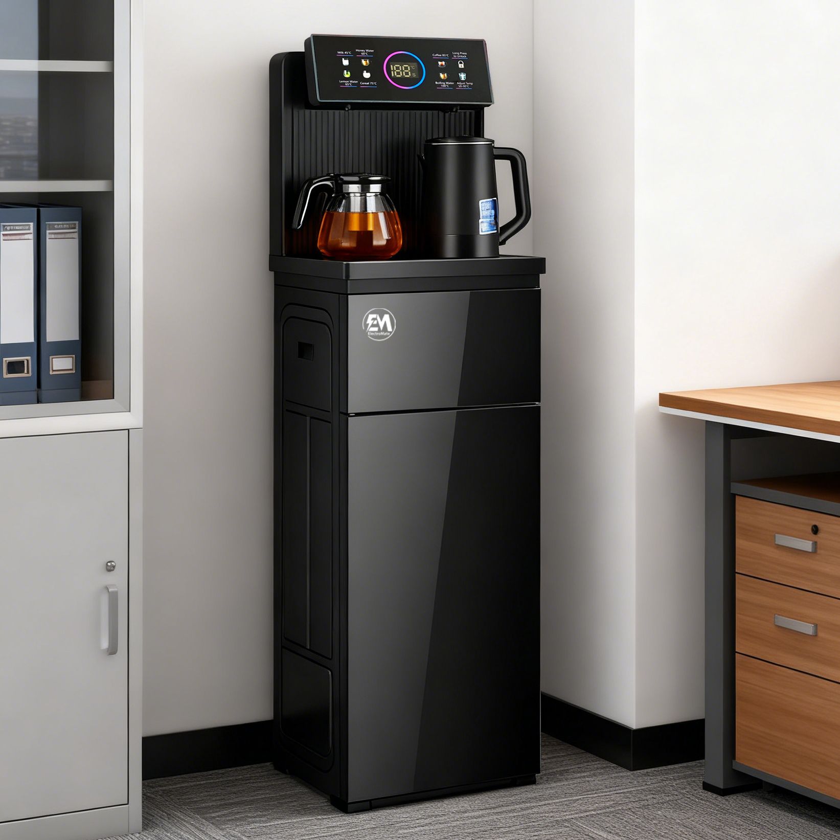 EM Bottom load Water Dispenser with Hot and Cold and Normal Water – Standing Design with Storage Cabinet, Perfect for Home or Office Use Black water dispenser  ElectroMate WD08