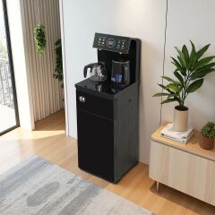 EM Bottom load Water Dispenser with Hot and Cold and Normal Water + Coffee Maker – Standing Design with Storage Cabinet, Perfect for Home or Office Use Black water dispenser  ElectroMate WD08