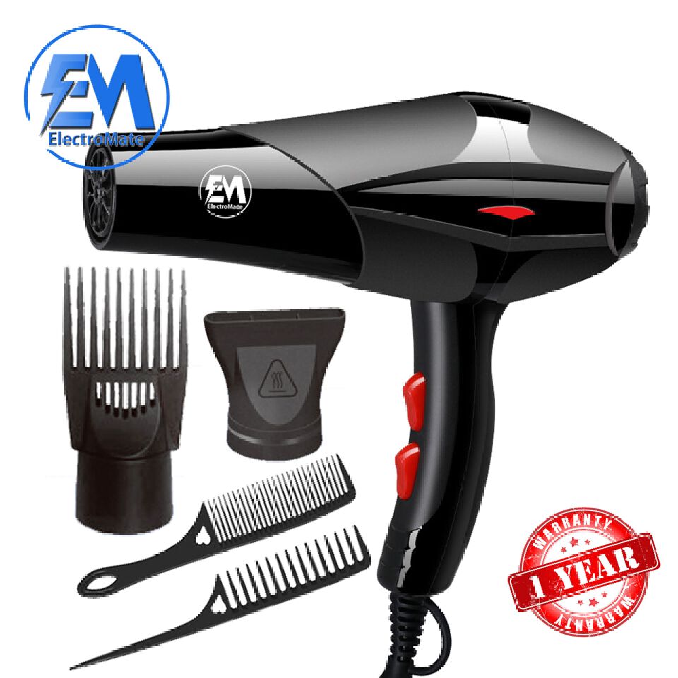 EM  Blow Dryer Hair Blower 2200W hair dryer professional with 3 Speed & 2 Temperature Settings – Includes 2 Styling Nozzle & 2 Comb Attachments for Versatile Hair Styling  ElectroMate HD04