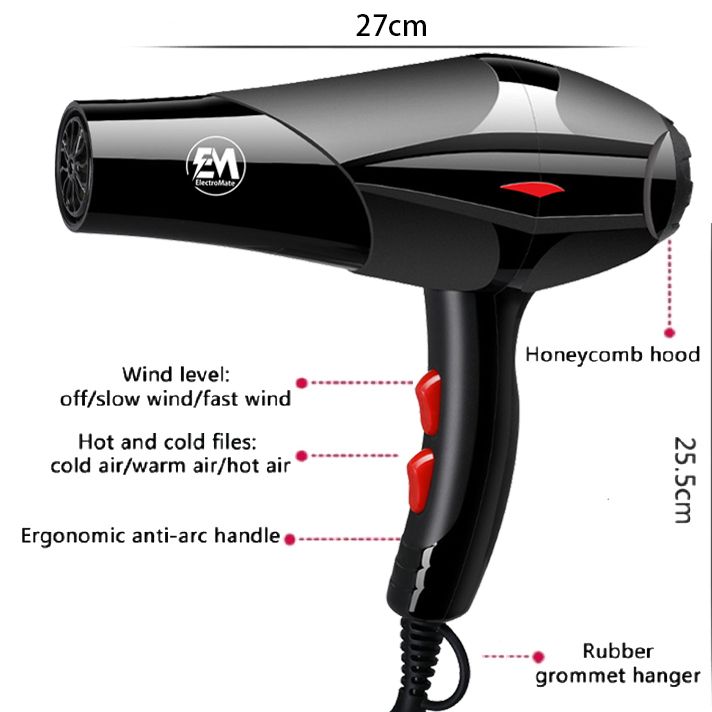 EM  Blow Dryer Hair Blower 2200W hair dryer professional with 3 Speed & 2 Temperature Settings – Includes 2 Styling Nozzle & 2 Comb Attachments for Versatile Hair Styling  ElectroMate HD04