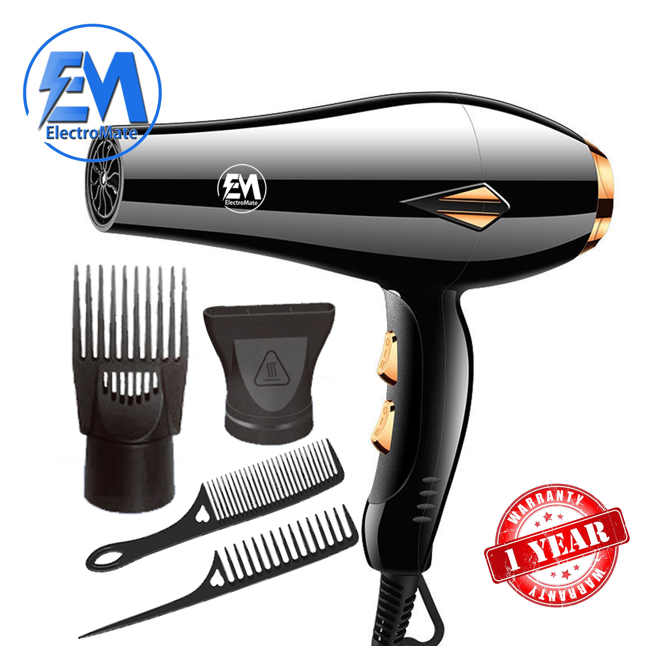 EM  Blow Dryer Hair Blower 2200W hair dryer professional with 3 Speed & 2 Temperature Settings – Includes 2 Styling Nozzle & 2 Comb Attachments for Versatile Hair Styling  ElectroMate HD05