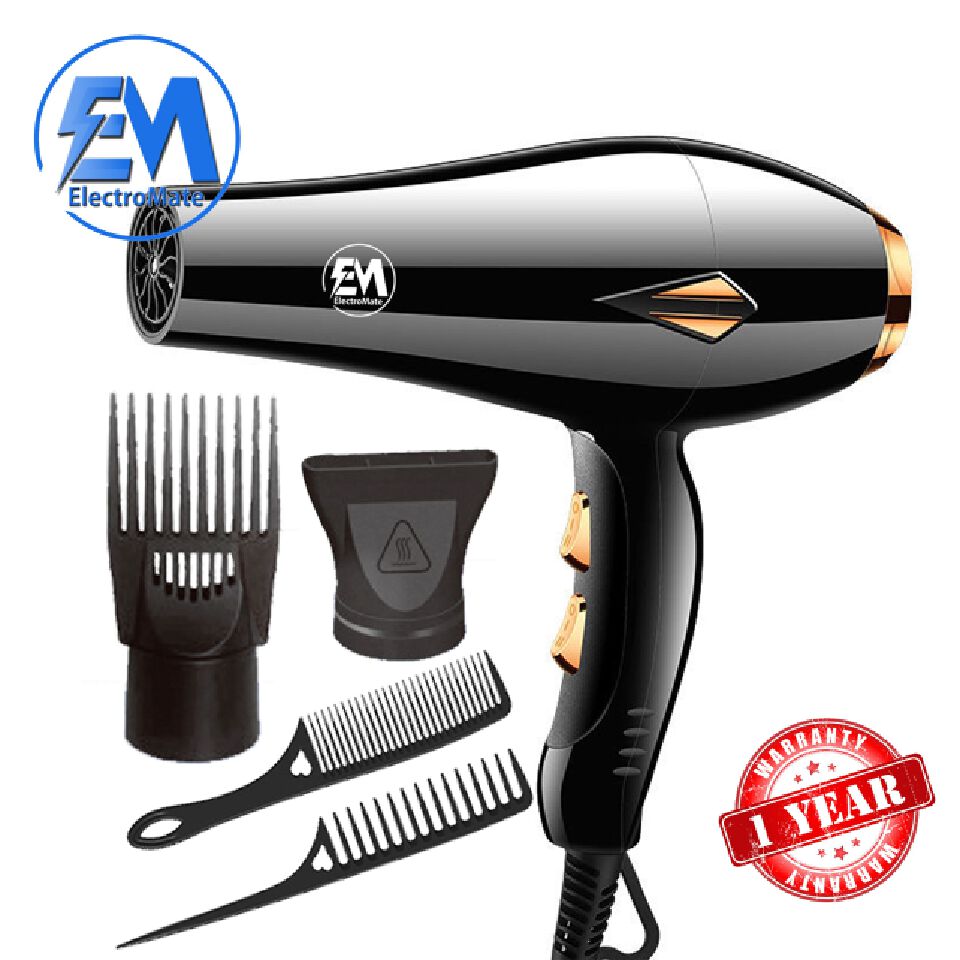 EM  Blow Dryer Hair Blower 2200W hair dryer professional with 3 Speed & 2 Temperature Settings – Includes 2 Styling Nozzle & 2 Comb Attachments for Versatile Hair Styling  ElectroMate HD05