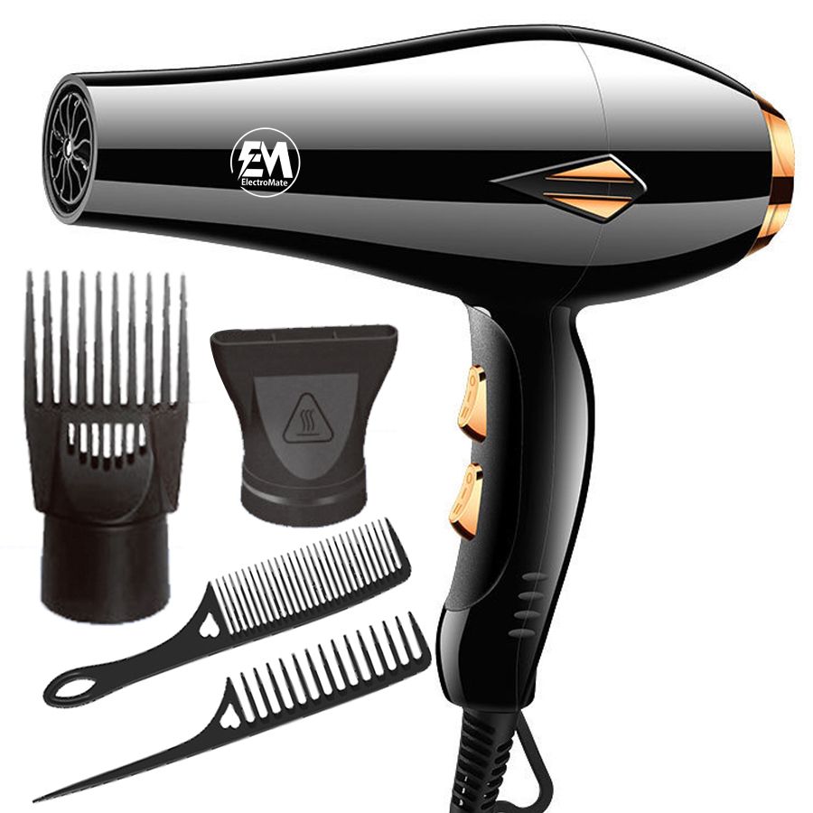 EM  Blow Dryer Hair Blower 2200W hair dryer professional with 3 Speed & 2 Temperature Settings – Includes 2 Styling Nozzle & 2 Comb Attachments for Versatile Hair Styling  ElectroMate HD05