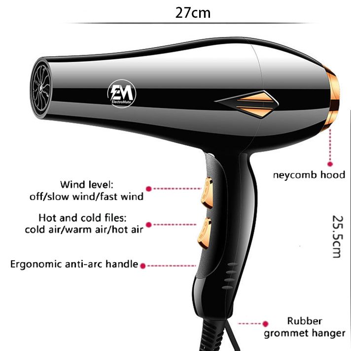 EM  Blow Dryer Hair Blower 2200W hair dryer professional with 3 Speed & 2 Temperature Settings – Includes 2 Styling Nozzle & 2 Comb Attachments for Versatile Hair Styling  ElectroMate HD05