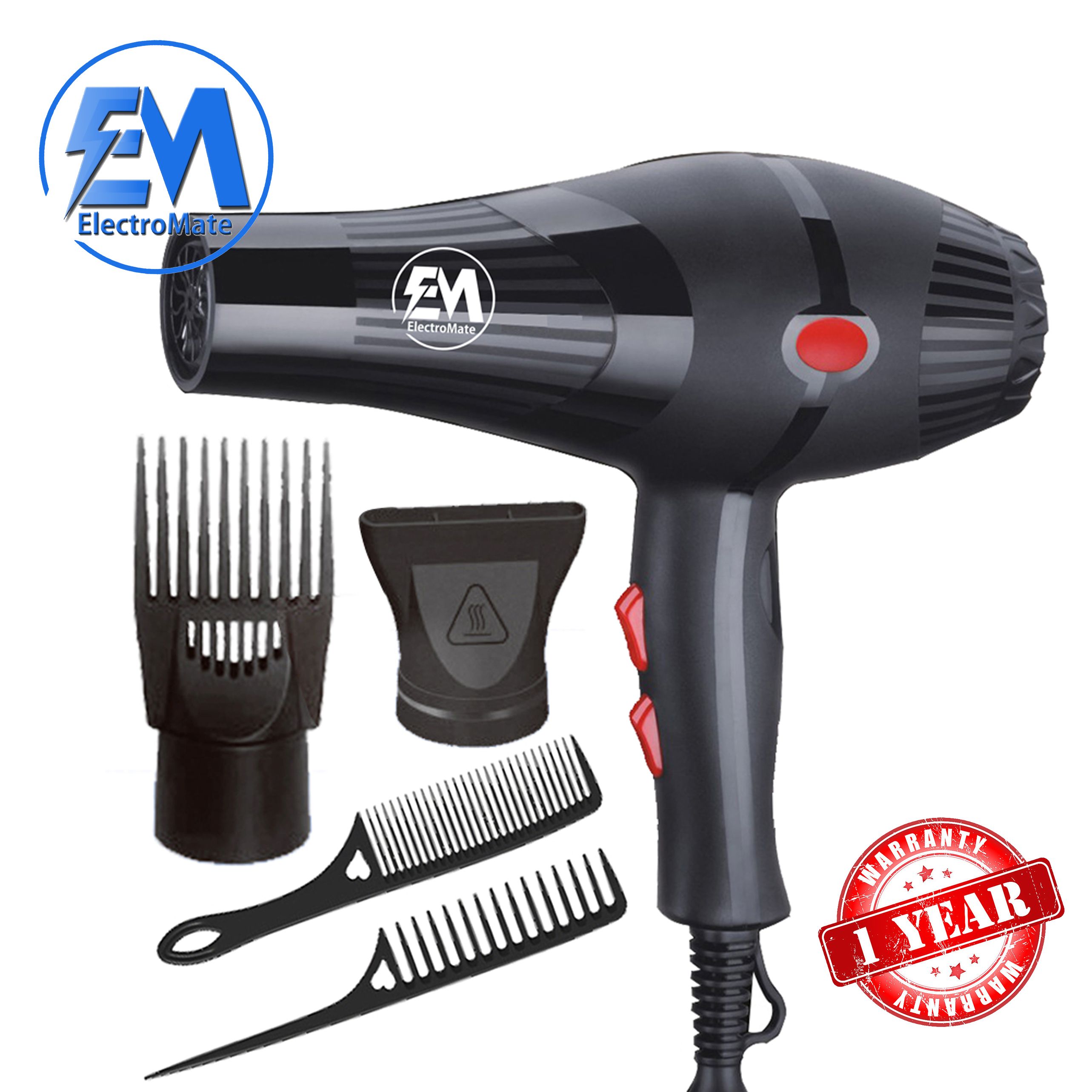 EM  Blow Dryer Hair Blower 2200W hair dryer professional with 3 Speed & 2 Temperature Settings – Includes 2 Styling Nozzle & 2 Comb Attachments for Versatile Hair Styling  ElectroMate