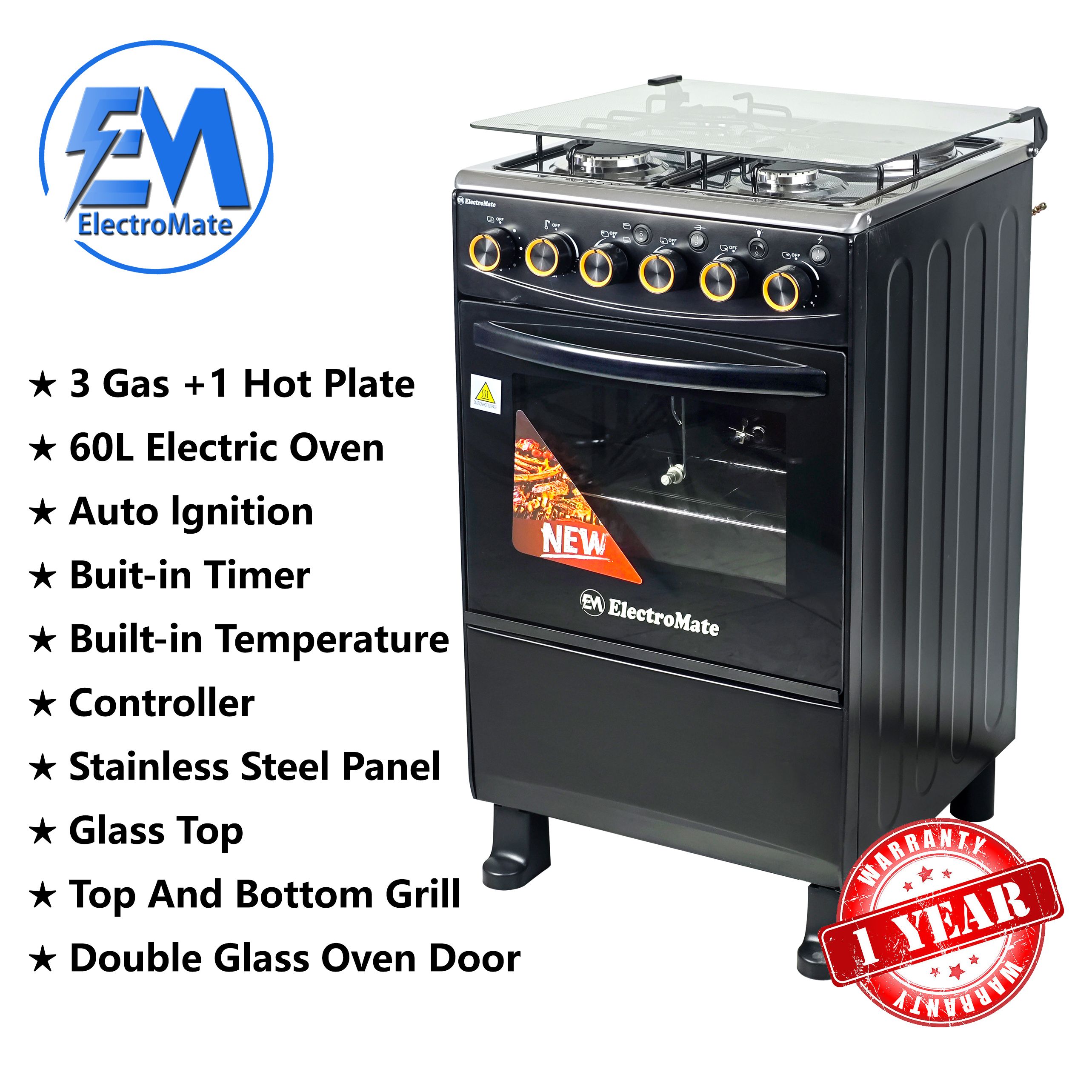 EM 3 Gas + 1 Electric 4 Burners Free Standing Gas Cooker Cooking Range with 50L Oven Automatic lgnition 50X55CM