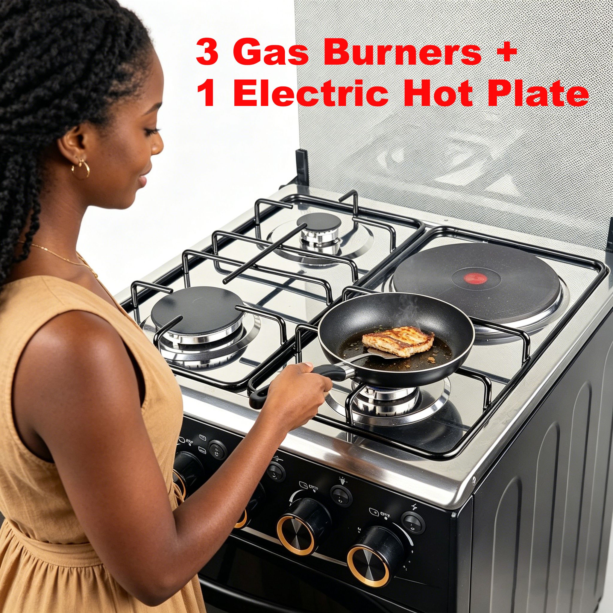 EM 3 Gas + 1 Electric 4 Burners Free Standing Gas Cooker Cooking Range with 50L Oven Automatic lgnition 50X55CM