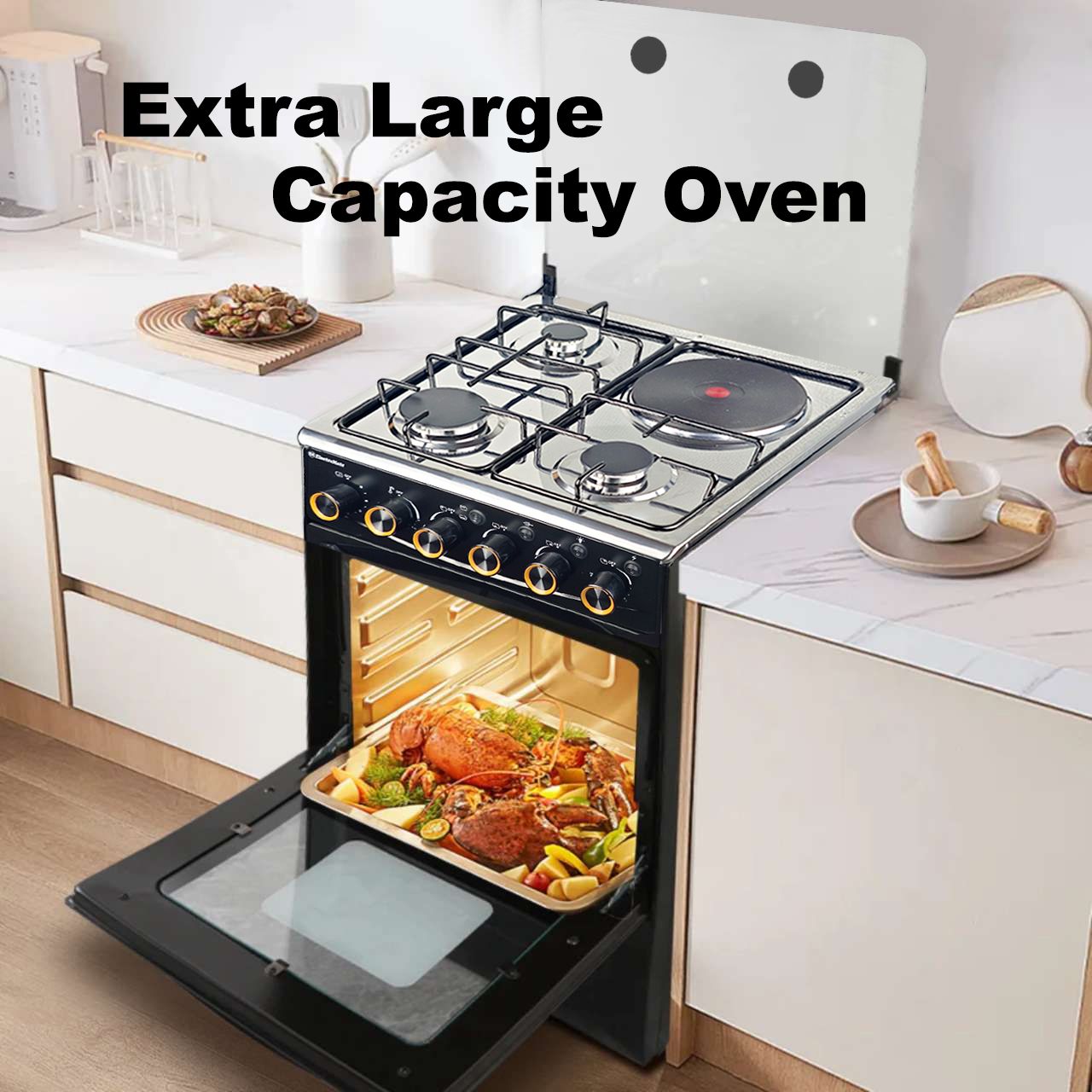 EM 3 Gas + 1 Electric 4 Burners Free Standing Gas Cooker Cooking Range with 50L Oven Automatic lgnition 50X55CM