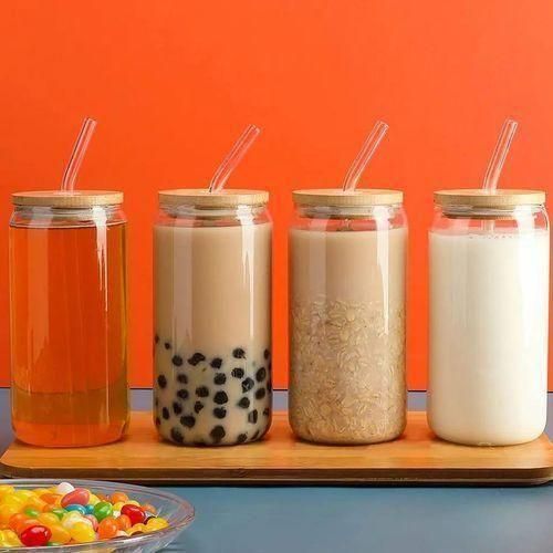 Glass Cup With Bamboo Lid and Glass Straw For Iced Coffee, Cute Tumbler Cup For Smoothies, Boba Tea, Whiskey and Water