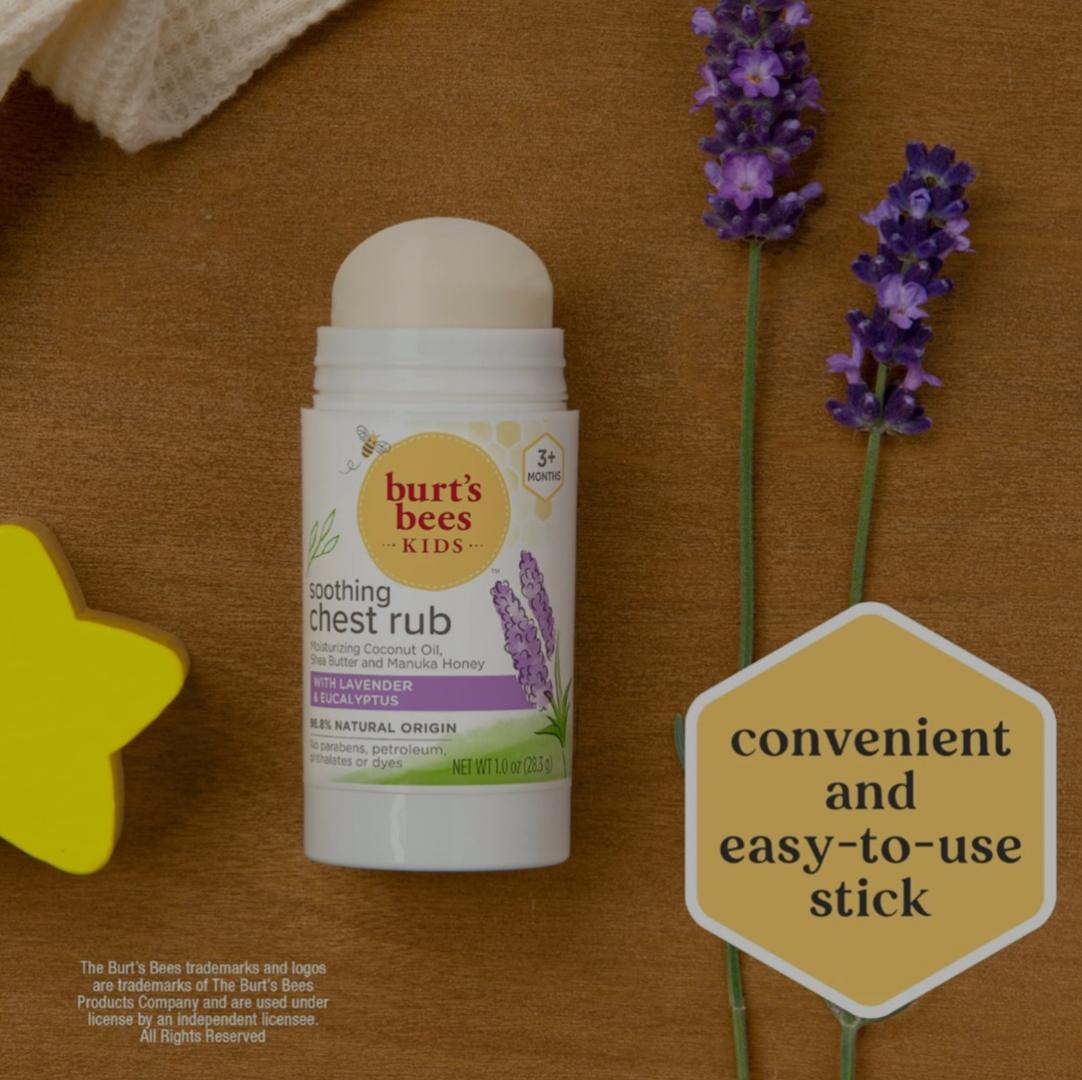 Burt's Bees Kids Chest Rub Stick, Coconut Oil, Shea Butter and Manuka Honey Lavender & Eucalyptus, White, 1 Ounce