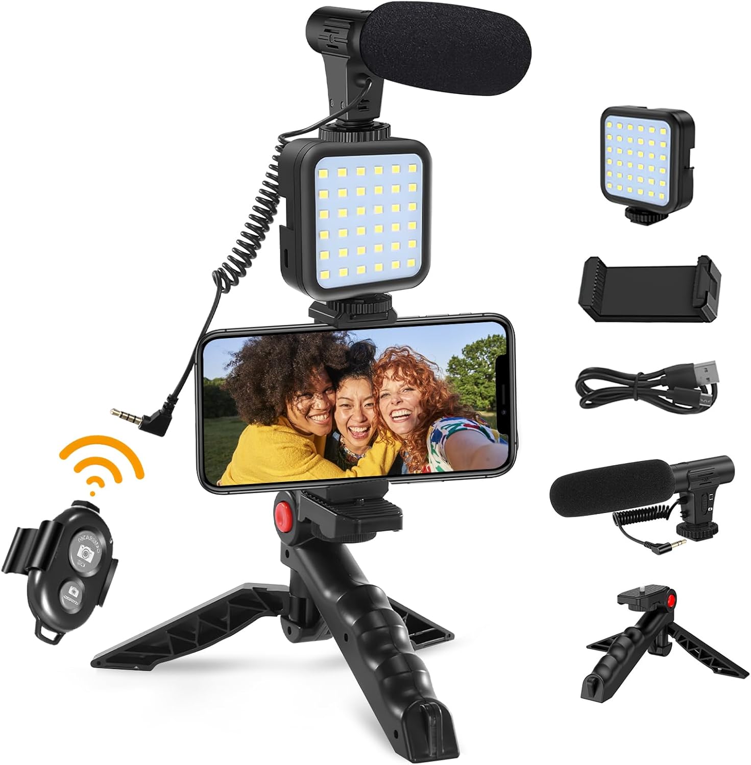 Portable Cell Phone Camera Travel Tripod Vlogging Kit with Microphone LED Light