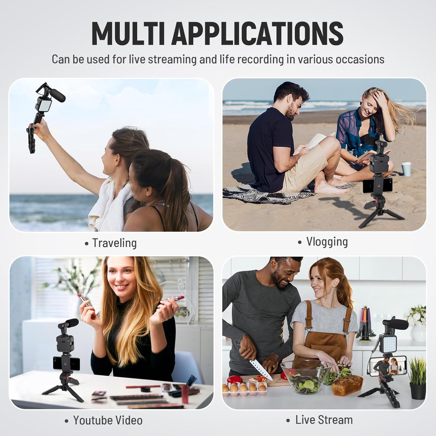 Portable Cell Phone Camera Travel Tripod Vlogging Kit with Microphone LED Light