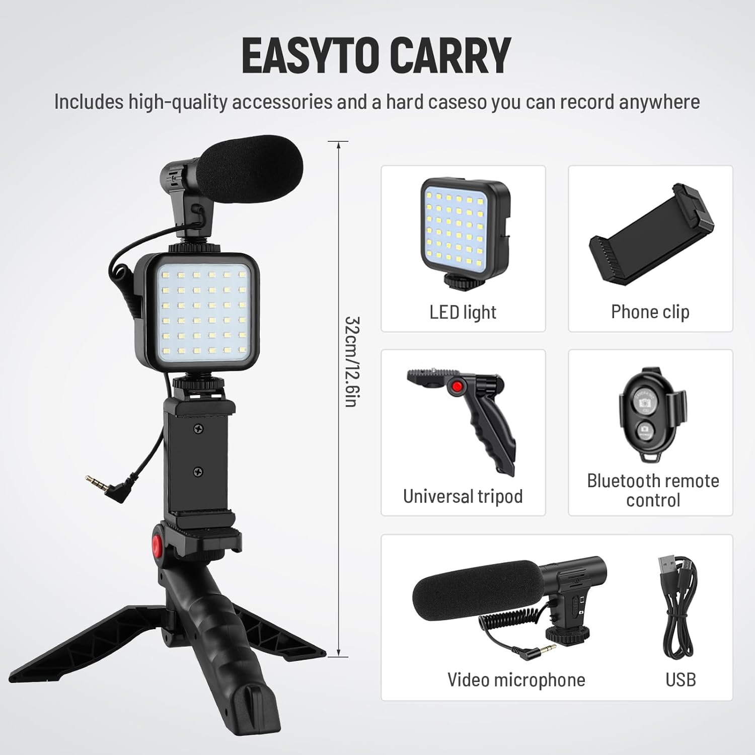 Portable Cell Phone Camera Travel Tripod Vlogging Kit with Microphone LED Light