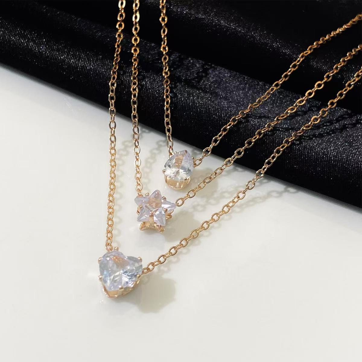 Three layer zircon pendant necklacefemale celebrity likes heart-shaped water droplet pendant fashionable necklacewearing Fashion Accessories Jewelry Women Jewelry Pendant Necklaces girl miss Gift