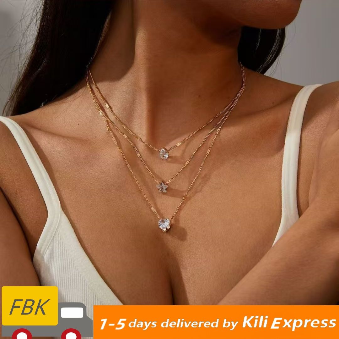 Three layer zircon pendant necklacefemale celebrity likes heart-shaped water droplet pendant fashionable necklacewearing Fashion Accessories Jewelry Women Jewelry Pendant Necklaces girl miss Gift