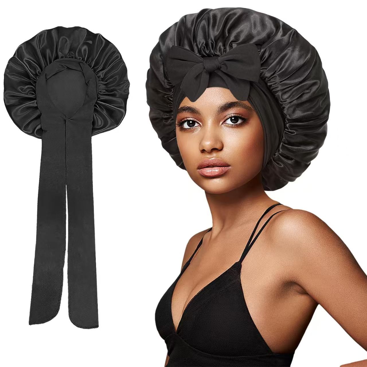 New satin hat Lady large hat headscarf hat sleeping hat Lady curly hair hat silk hat fashionable headscarf night sleeping hat adjustable headband curly hair elastic headband Black