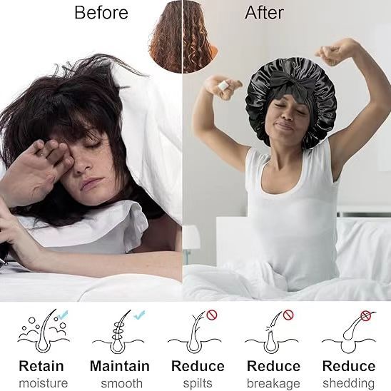New satin hat Lady large hat headscarf hat sleeping hat Lady curly hair hat silk hat fashionable headscarf night sleeping hat adjustable headband curly hair elastic headband