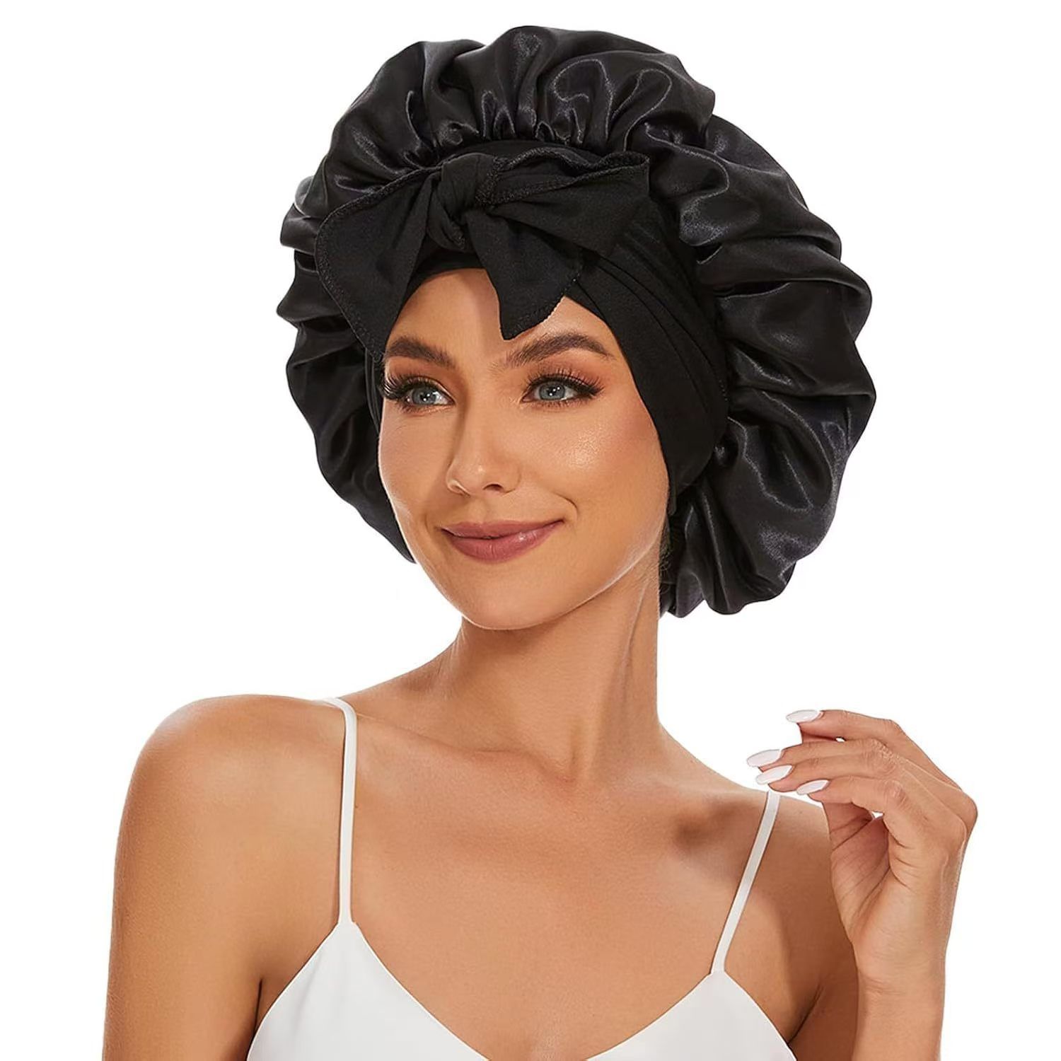 New satin hat Lady large hat headscarf hat sleeping hat Lady curly hair hat silk hat fashionable headscarf night sleeping hat adjustable headband curly hair elastic headband