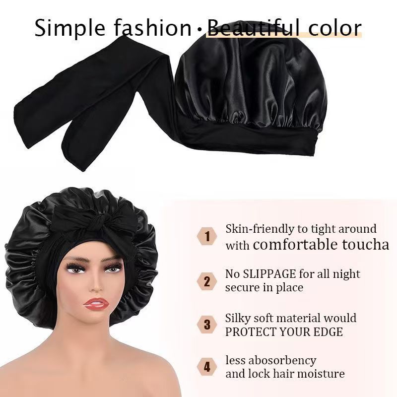 New satin hat Lady large hat headscarf hat sleeping hat Lady curly hair hat silk hat fashionable headscarf night sleeping hat adjustable headband curly hair elastic headband