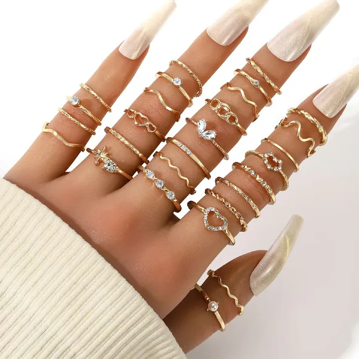 New Arrival 28 piece set lady Women's heart-shaped wave ring set multi joint ring setlove ring set，fashion accessories, women's jewelry ring set gifts