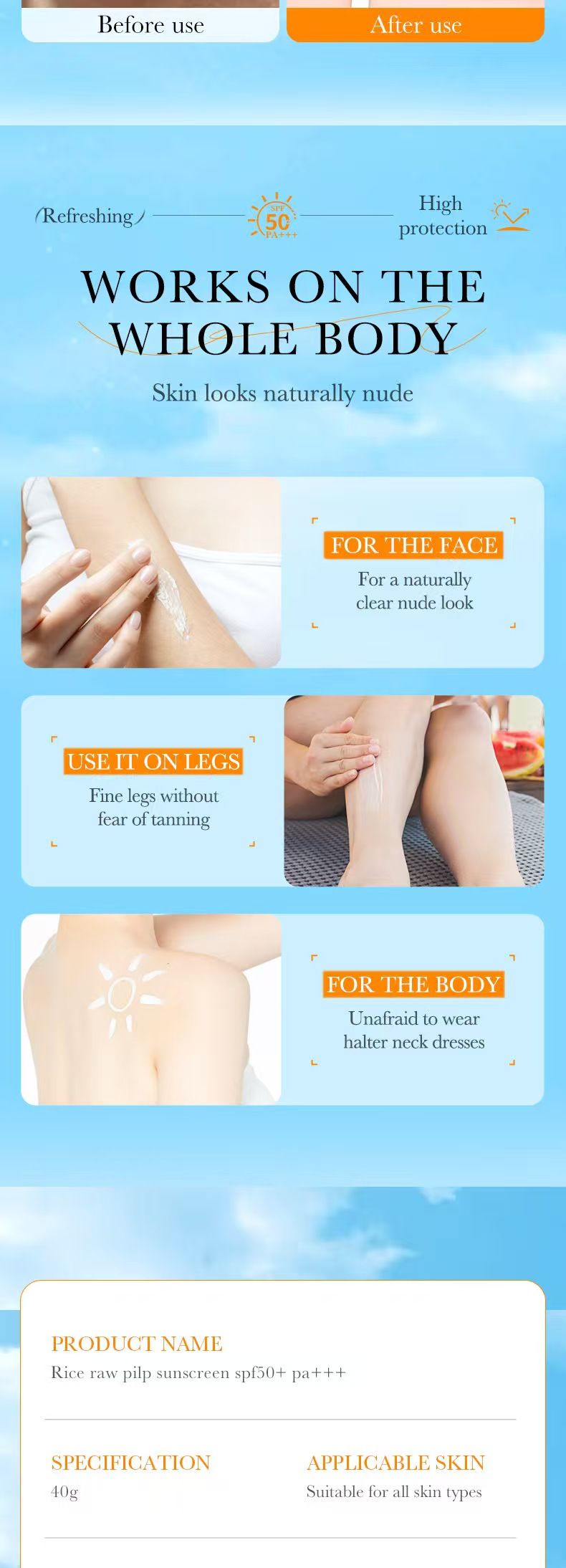 The new facial gloss control sunscreen SPF 50-50ml provides immediate and effective sun protection. The face and whole body are usable. It provides long-lasting and immediate sun protection